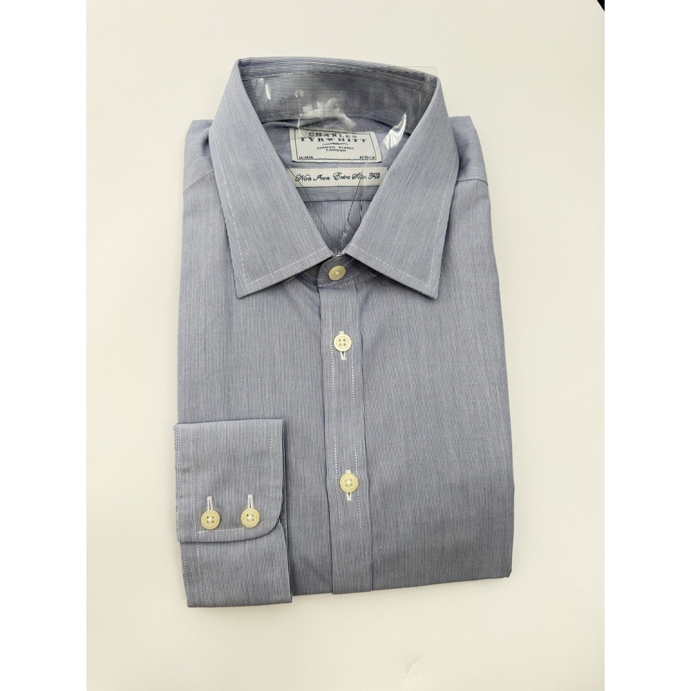 Charles Tyrwhitt Dress Shirt Mens 16 Blue Extra-Slim Pinstripe Non-Iron